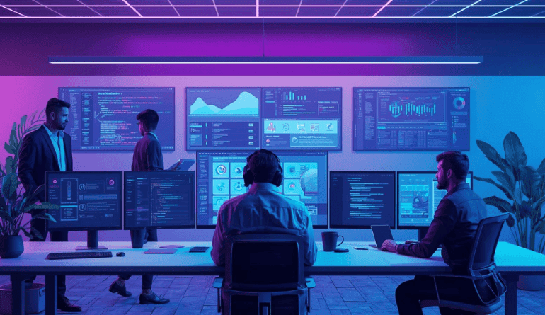 Professional app developers working on application dashboards and code in a modern office, providing application development services near me.