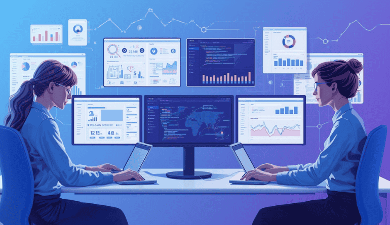 Application designers and app developers analyzing dashboards and code while delivering professional application development services near me.