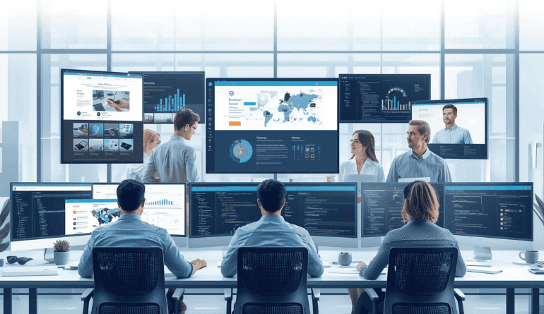 Professional website developers working on coding, design, and analytics dashboards in a modern office, delivering website development services near me.