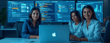 Professional website developers working together on coding and design in a modern office, providing website development services near me.