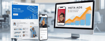 Meta Ads campaigns displayed across desktop and mobile screens, offering Meta Ads service near me with performance growth analytics.