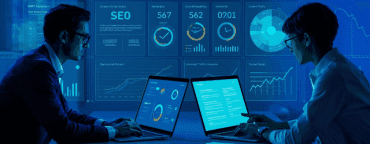 SEO experts using AI tools to analyze rankings and content performance, providing AI SEO services near me.