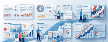 Collection of digital marketing analytics dashboards showing SEO performance, content marketing metrics, traffic growth charts, and business insights.