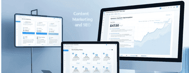 Content marketing and SEO analytics dashboards displayed on multiple screens showing website performance and traffic growth.