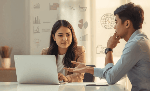 Website developer near me discussing website requirements and development strategy with a client during a consultation.