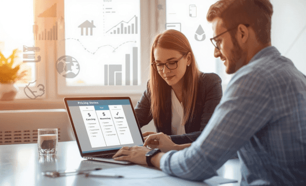 Website development services consultation with a website developer near me reviewing website plans and features.